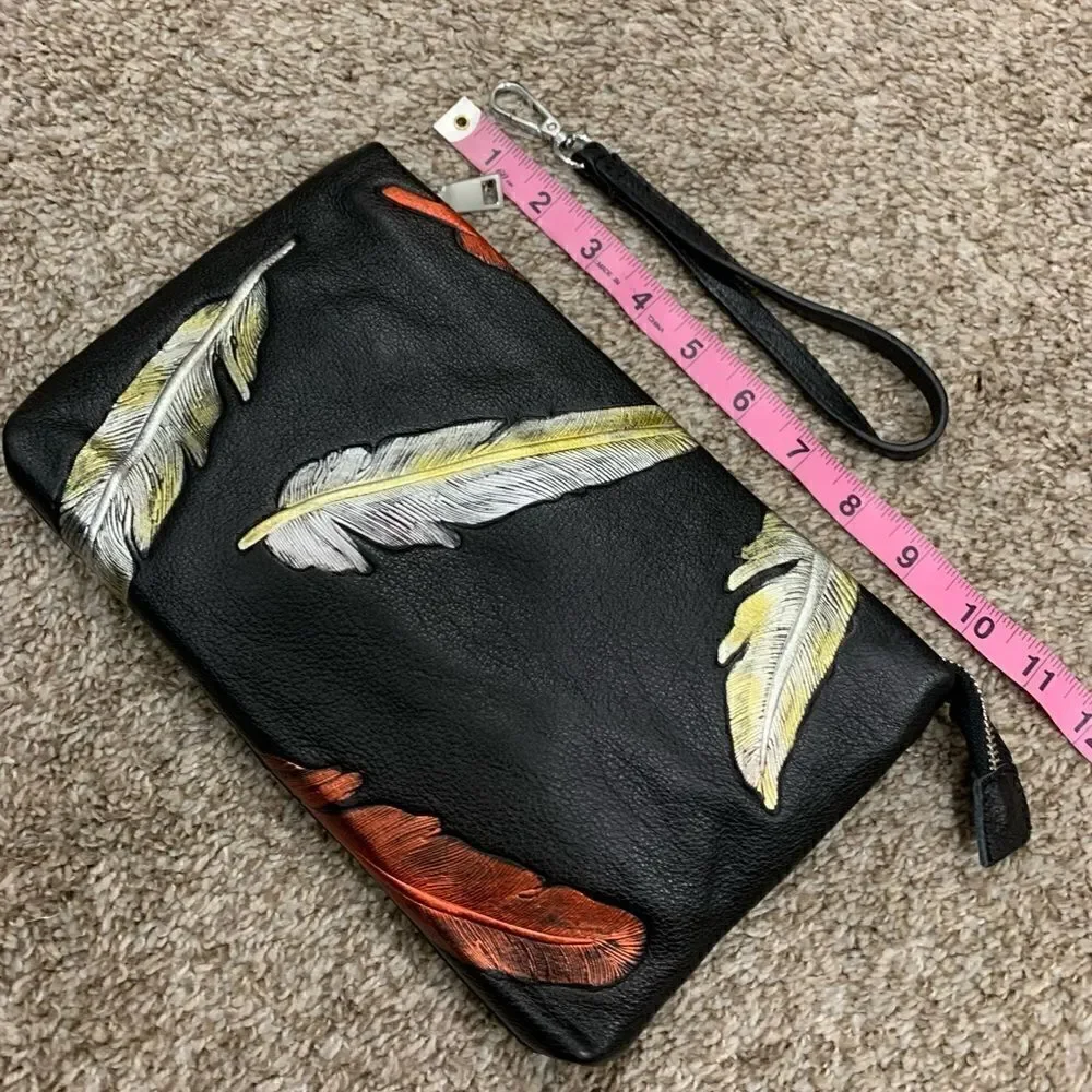 Handmade Genuine Leather Feather Embossed XL Zip Clutch/Wristlet/ Crossbody